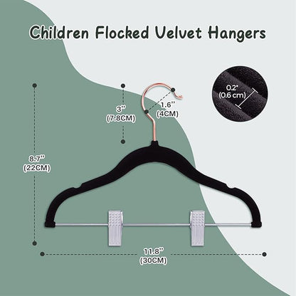 Stormix Baby Hangers - 24 Pack Non-Slip Heavy-Duty Kids Hangers with Clips - Black (Rose Gold Hook) for Shirts, Pants, Skirts, Dresses, Jackets, Coats