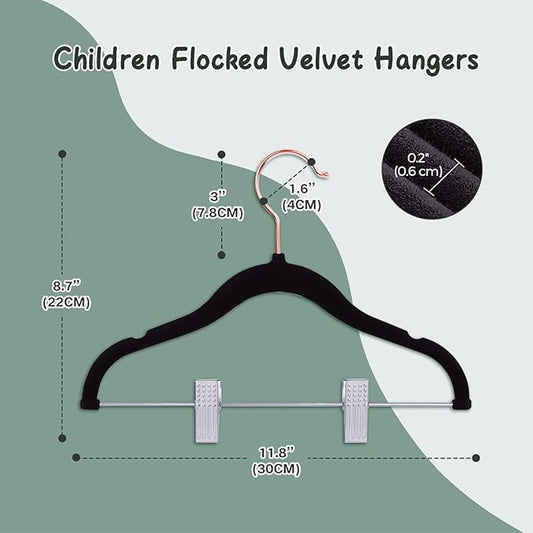 Stormix Baby Hangers - 24 Pack Non-Slip Heavy-Duty Kids Hangers with Clips - Black (Rose Gold Hook) for Shirts, Pants, Skirts, Dresses, Jackets, Coats