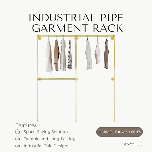 Industrial Pipe Clothing Rack, Heavy Duty Wall Mounted Clothes Rack,Retail Display Hanging Garment Rod for Laundry Rooms, Closet Storage, 14.6x75x82.7 Inches, Model K08 Gold