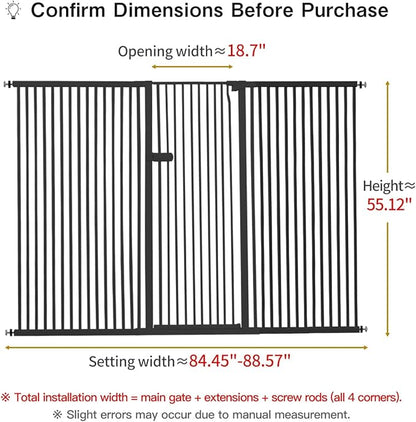 Lumizone Extra Tall Cat Gate 55.12" High Pressure Mounted Extra Wide 2025 New (17 Sizes) 1.37" Gap No Drilling Auto-Close One-Handed Operation Tall Pet Gate for Dogs(Black, 55.12" H x 84.45"-88.57" W)