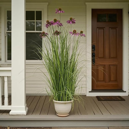 46" UV Resistant Artificial Grass Plant with 9 Realistic Purple Echinacea Flowers - Indoor/Outdoor Fake Plants for Patio, Living Room, Porch Decor - All Weather Faux Floor Plant 2-Pack