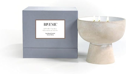Blueme Spiritual Candle | Palo Santo & Vetiver | 3 Wick - Refillable Wellness Candle with Essential Oils, Hand Finished & Poured Soy Wax Blend Ceramic Vessel, Natural Cotton Wicks | Medium 12 oz