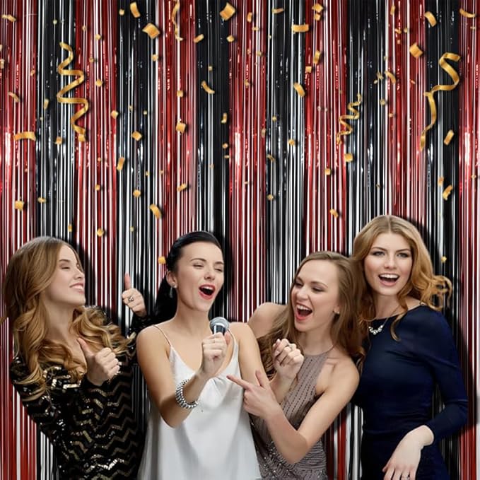 BRAVESHINE Tinsel Photo Backdrop Curtains - 2 Pack 3.2x8.2ft Black Red Foil Fringe Streamer Curtain for Christmas/New Years/Birthdays/Bachelorette/Home/Office/Indoor/Outdoor Party Supplies Decorations