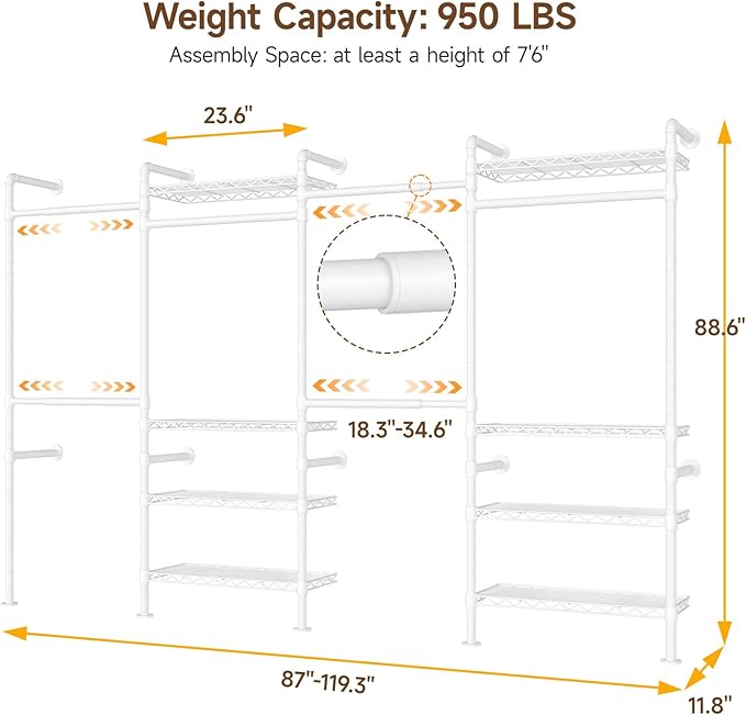 H4 Wall Mounted Closet System, Expandable Industrial Pipe Clothes Rack Clothing Rack for Hanging Clothes, Heavy Duty Closet Organizers and Storage in Wardrobe Closet - White