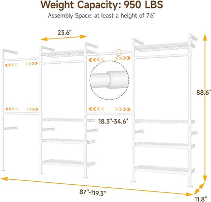 H4 Wall Mounted Closet System, Expandable Industrial Pipe Clothes Rack Clothing Rack for Hanging Clothes, Heavy Duty Closet Organizers and Storage in Wardrobe Closet - White