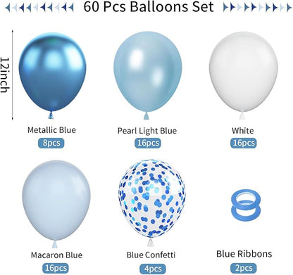 60pcs Blue & White Balloons - 12in Metallic Blue Pearl Confetti Latex - Boys Birthday, Baby Shower, Wedding Decorations