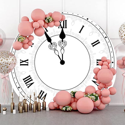 7.5x7.5ft Happy New Year Round Backdrop Cover Polyester Luxury White Clock Countdown Photography Background for Family Xmas Eve Party Decorations Kids Adults Portrait Props