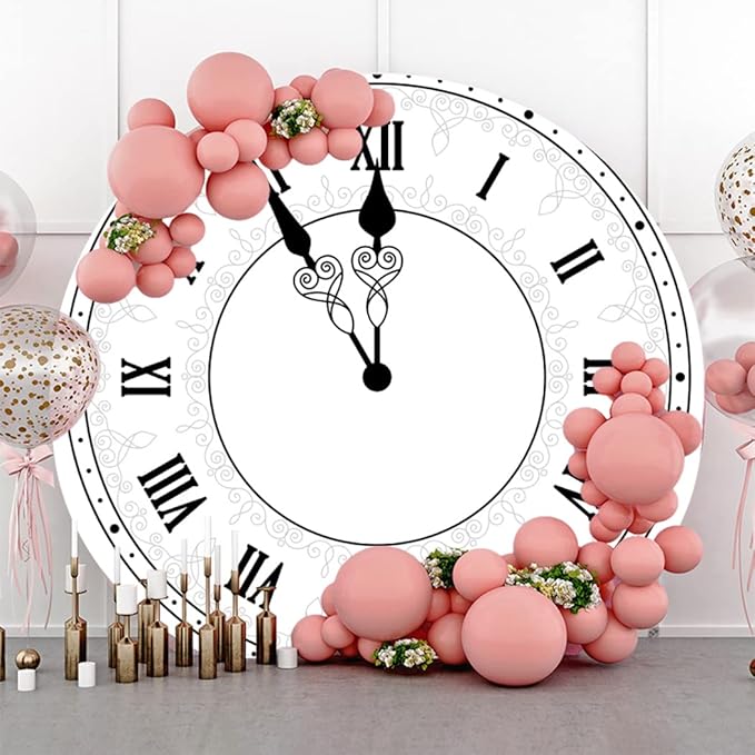 6.5x6.5ft Happy New Year Round Backdrop Cover Polyester Luxury White Clock New Year Countdown Photography Background for Family Xmas Eve Party Decorations Kids Adults Portrait Props