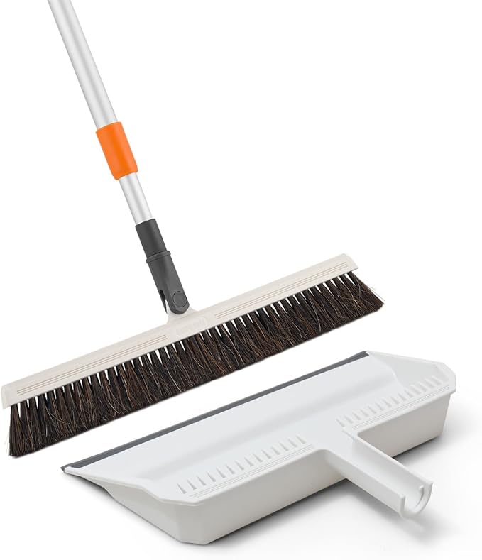 Superio 18" Horse Hair Upright Broom and 16" Dustpan with Comb – Narrow Thin Dust Broom for Dog Hair – Telescopic Handle – Floor Cleaning Set for Hardwood & Tile – Gray/White