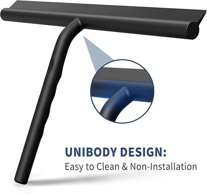 ecooe Silicone Shower Squeegee with Hanger, 13″/33cm Shower Glass Cleaner Wiper, Black Window Squeegee Scraper with Stainless Steel Core for Home Bathroom Kitchen Car Glass Doors