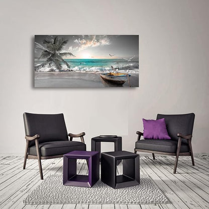 Beach Sea Wave Pictures Canvas Wall Art For Living Room Bedroom Wall Decor,Sea Wave Wall Art Print Paitnings For Home Decor,Morden Artwork Palm Boat Canvas Art Waterproof Ready To Hang-20X40Inches