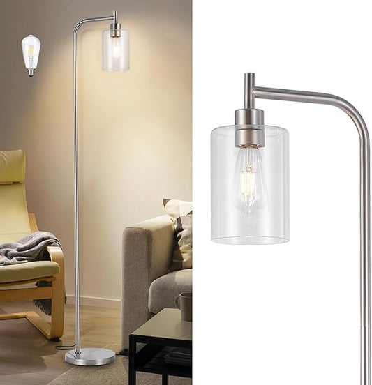 DLLT Floor Lamp Tall for Room: Nickel Standing Lamp with Clear Glass Lampshade for Living Room - Modern Bright Lamp for Bedroom - Industrial Corner Floor Lamps for Office 8W Led Bulb Included