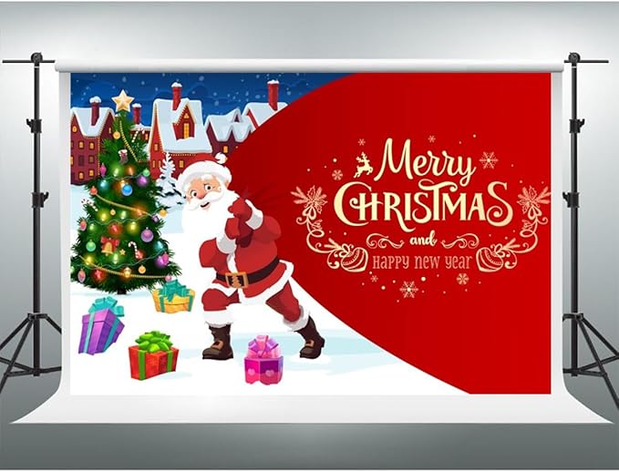 YongFoto Merry Christmas Backdrop 10x6.5ft Christmas Tree Santa Claus's Gift Snow Town Photography Background Happy New Year Xmas Eve Family Party Banner Room Decor Photoshoot Wallpaper Photo Booth