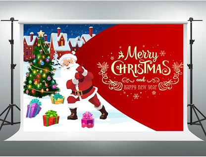 YongFoto Merry Christmas Backdrop 10x7ft Christmas Tree Santa Claus's Gift Snow Town Photography Background Happy New Year Xmas Eve Family Party Banner Room Decor Photoshoot Wallpaper Photo Booth