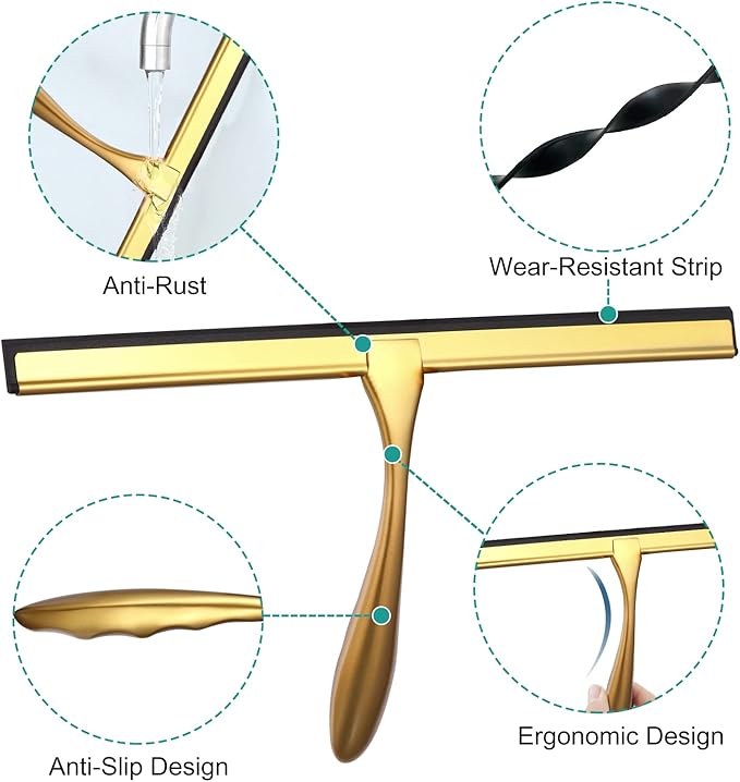 Shower Squeegee for Glass Doors,12-Inch Shower Glass Squeegee, Gold Shower Squeegee for Shower Doors,Mirror,Windows, with Shower Door Hook and Adhesive Hook