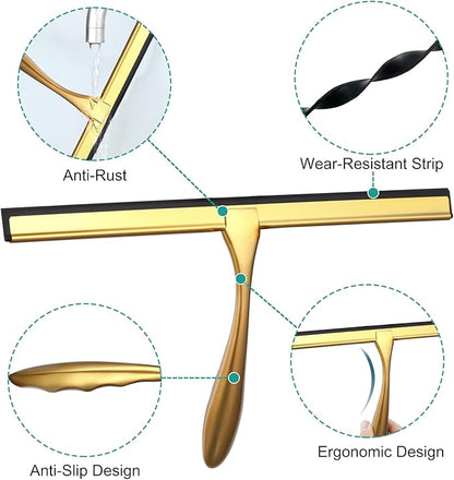 Shower Squeegee for Glass Doors,14-Inch Shower Glass Squeegee, Gold Shower Squeegee for Shower Doors,Mirror,Windows, with Shower Door Hook and Adhesive Hook