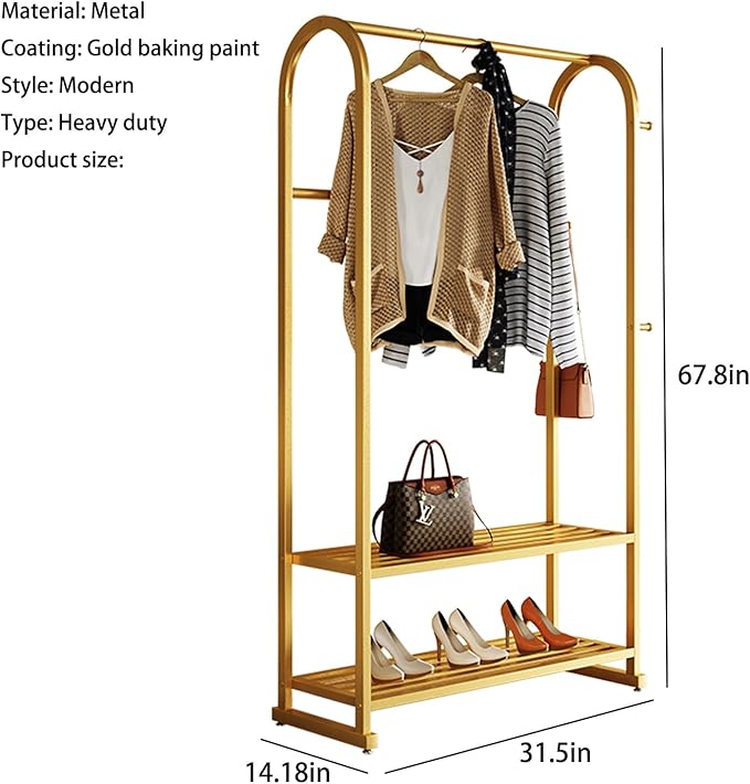 Gold clothing rack,Heavy duty clothes rack with shelves,Metal garment rack for hanging clothes,Wardrobe rack for Boutique, Retail or Home