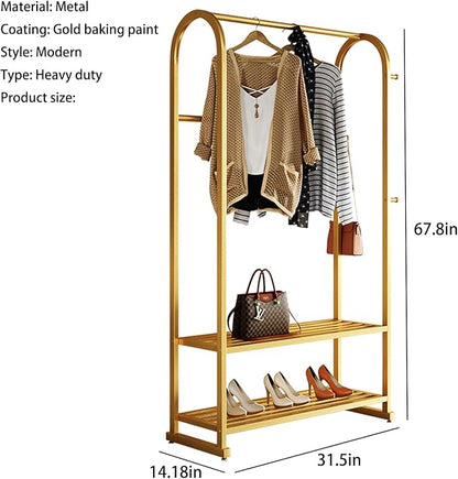 Gold clothing rack,Heavy duty clothes rack with shelves,Metal garment rack for hanging clothes,Wardrobe rack for Boutique, Retail or Home