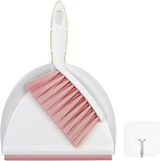 Mini Broom and Dustpan, Plus an Adhesive Hook Set, 7" Dustpan Opening, Bristles for Hair and Small Debris, Mini Portable Hand Brush for Pet, Sofa, Desk, Kitchen(White & Blush Pink)