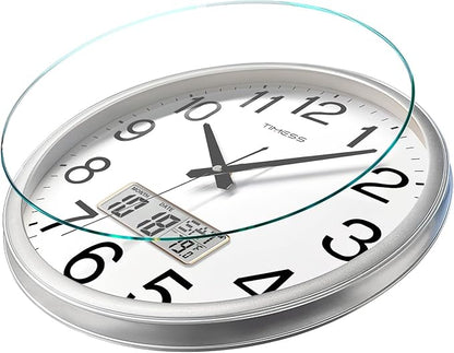 Wall Clock, 16 Inch Non-Ticking Silent Battery Operated Quartz Analog with LCD Display for Perpetual Calendar and F° Temperature, Ideal Modern Home, Bedroom, Kitchen, Office Décor (Sliver)