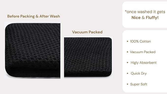 Cotton Waffle Weave Kitchen Towels - Pack of 6 (13x28 Inches) | Ultra Soft, Absorbent Dish Towels | Quick Dry Towel, Dish Cloths, Hand Towels & Dish Rags - Black (Kitchen Essentials)