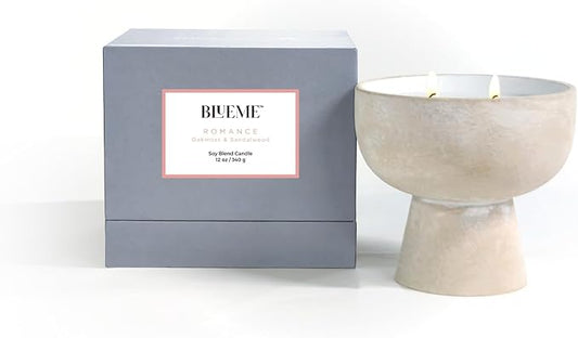 Blueme Romance Candle | Oakmoss & Sandalwood | 2 Wick - Refillable Wellness Candle with Essential Oils, Hand Finished & Poured Soy Wax Blend Ceramic Vessel, Natural Cotton Wicks | Medium 12 oz
