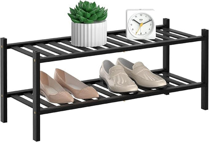 2 Tier Bamboo Shoe Rack for Closet Stackable Wooden Shoe Organizer Free Standing Wood Shoe Shelf for Entryway Small Space, 27" x 11" x 13", Black