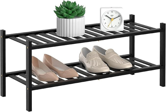 2 Tier Bamboo Shoe Rack for Closet Stackable Wooden Shoe Organizer Free Standing Wood Shoe Shelf for Entryway Small Space, 27" x 11" x 13", Black