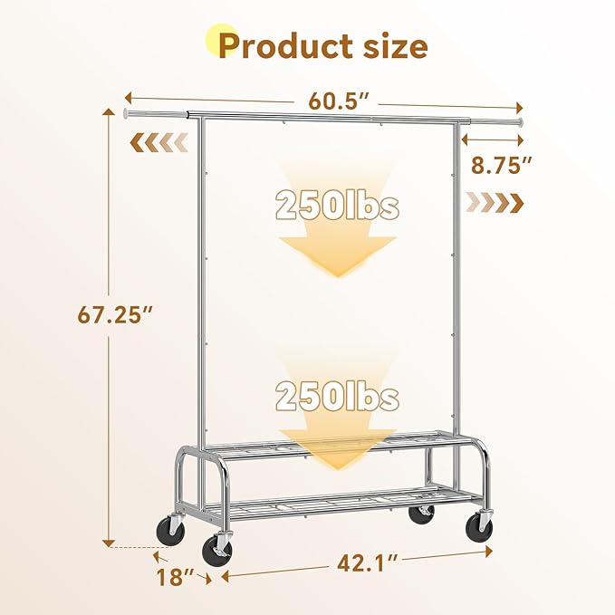 Simple Trending Heavy Duty Clothes Clothing Rack for Hanging, Rolling Garment Rack with Shelves Load 500 LBS, Chrome