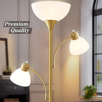 Luvkczc Floor Lamps for Living Room, 72" Tall Standing Lamps, Torchiere Lamp with 8W Adjustable Reading Lights, Modern Bright Floor Lamp for Bedroom, Office, Dresser, Gold&White, Bulbs Included