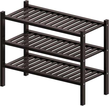 RONGJlA 3 Tier Bamboo Shoe Rack for Closet Free Standing Wood Shoe Shelf Storage Organizer for Entryway Small Space Stackable, Natural, Brown