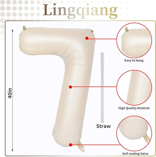 40'' Beige Number 7 Balloons, Giant Self Inflating Cream Foil Number Balloons Set 0-9, Large White Sand Digital 7 Helium Balloon for Girls Boys 7th Birthday Party Decorations Anniversary Supplies