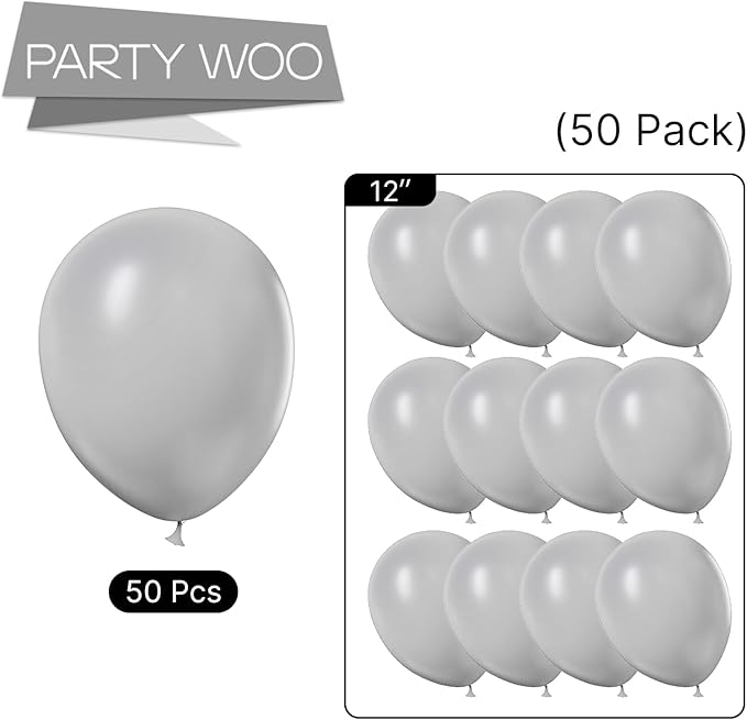 PartyWoo Gray Balloons 50 pcs 12 Inch Pastel Gray Latex Balloons for Graduation Wedding Baby Shower Bridal Shower Gender Reveal Anniversary Birthday Party Decorations Gray-Y76