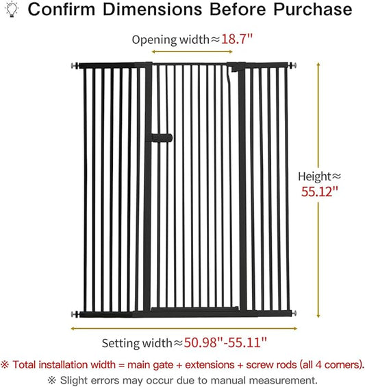 Lumizone Extra Tall Cat Gate 55.12" High Pressure Mounted Extra Wide 2025 New (17 Sizes) 1.37" Gap No Drilling Auto-Close One-Handed Operation Tall Pet Gate for Dogs(Black, 55.12" H x 50.98"-55.11" W)