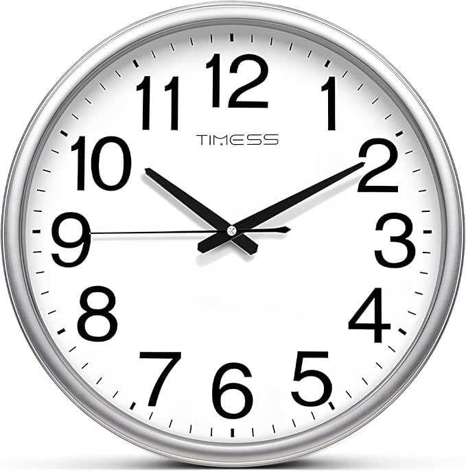 Wall Clock, 18 Inch Large Dial Non-Ticking Silent Battery Operated Quality Analog, Ultra-Quiet Movement Quartz, Timeless Stylish Clock, Ideal Modern Home, Office Décor (Sliver)