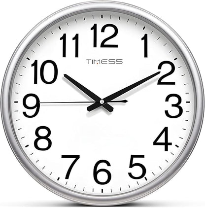 Wall Clock, 13 Inch Large Dial Non-Ticking Silent Battery Operated Quality Analog, Ultra-Quiet Movement Quartz, Timeless Stylish Clock, Ideal Modern Home, Office Décor (Sliver)