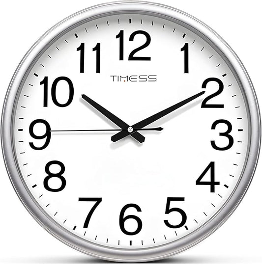 Wall Clock, 11 Inch Large Dial Non-Ticking Silent Battery Operated Quality Analog, Ultra-Quiet Movement Quartz, Timeless Stylish Clock, Ideal Modern Home, Office Décor (Sliver)