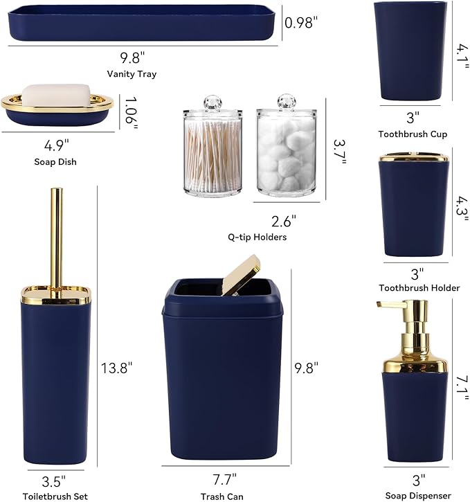 Navy Blue Bathroom Accessories Set, Blue and Gold Bathroom Accessories with Trash Can, Soap Dispenser, Soap Dish, Toothbrush Holder and Q-tip Holders