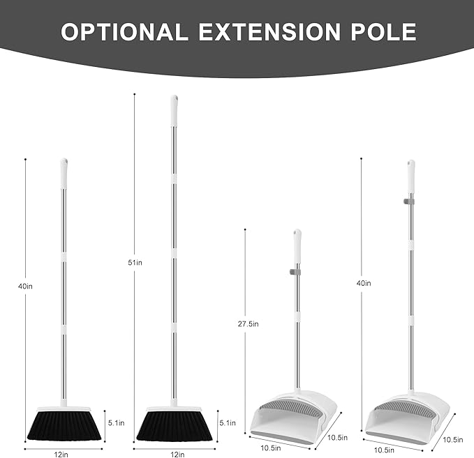 Broom and Dustpan Set, Broom with Dustpan Combo Set for Home 54-in Long Adjustable Handle Dustpan Teeth to Clean Hair for Home Office Kitchen Lobby(White)