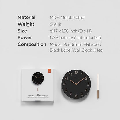 mooas Flatwood Wall Clock Pendulum Black,12" Wood Wall Clock Non-Ticking Sweep Movement Decorative Clock Battery Operated Clock for Home Living Room Kitchen Bedroom Office School