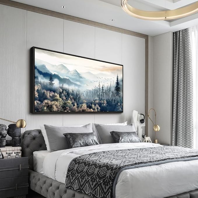 Wapluam Large Black Framed Wall Art For Living Room Abstract Canvas Wall Decoration For Office Fog Forest Landscape Wall Paintings Stretched and Framed Pictures Artwork Modern Bedroom Home Decor