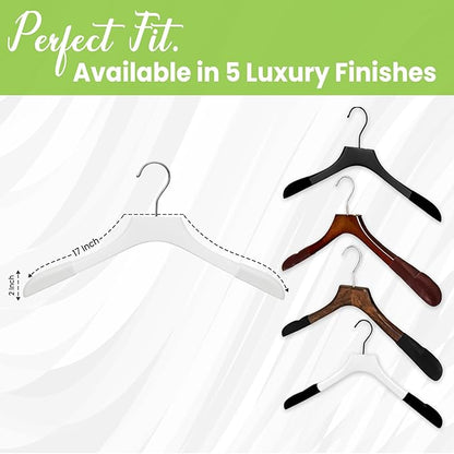 Premium Luxe Wood Coat Hangers, Wide Shoulder Wooden Jacket Hangers with Velvet Grip, Heavy Duty Luxury Hangers for Coats & Blazers, White with White Velvet, 30 Pack