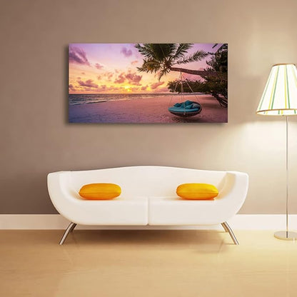 Purple Beach Palm Pictures Canvas Wall Art For Living Room Bedroom Wall Decor,Sunset Wall Art Print Paitnings For Home Decor,Morden Artwork Coconut Tree Canvas Art Ready To Hang-20x40Inches