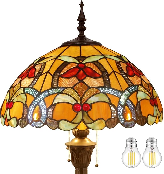 WERFACTORY Tiffany Floor Lamp Orange Liaison Stained Glass Standing Reading Light 16X16X64 Inches Antique Pole Corner Lamp Decor Bedroom Living Room Home Office S617 Series