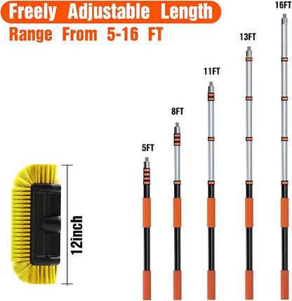 16FT Car Wash Brush with Long Handle, Car Cleaning Brush with 12 Inch Soft Bristle, Solar Panels Cleaner with Telescoping Pole for RV, Truck, Boat, House Siding