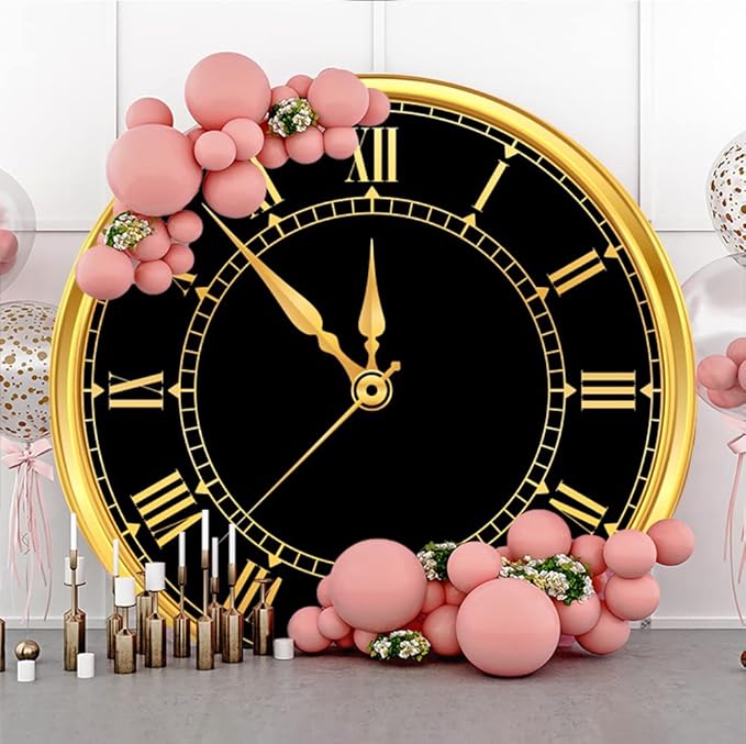 Polyester 6.5x6.5ft 2026 Happy New Year Round Backdrop Cover Luxury Black and Gold Clock Photography Background for New Year Eve Party New Year's Countdown Kids Adults Family Portrait Props