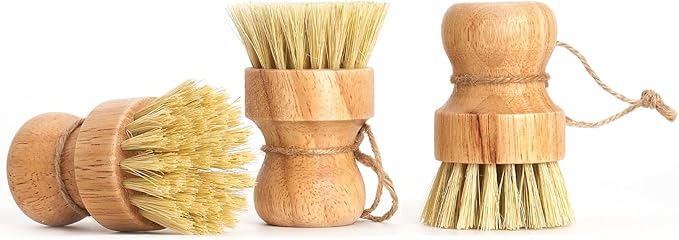 Bamboo Dish Brush Scrubber 3 Pack for Cleaning Pot Pans Hanging Rope Kitchen Dishwashing