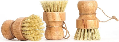 Bamboo Dish Brush Scrubber 3 Pack for Cleaning Pot Pans Hanging Rope Kitchen Dishwashing