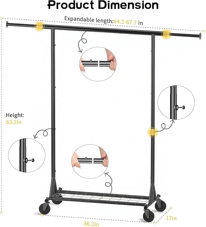 Clothing Garment Rack Capacity 550LBS Rolling Clothes Rack on Wheels - Heavy Duty Collapsible Commercial Storage Organizer - Mobile Clothes Rack with Multifunctional Design (Black)