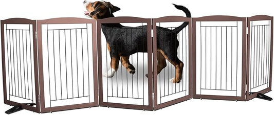 ZJSF Freestanding Dog Fence Indoor, Foldable Dog Gate for Doorways, Stairs or Hallways, Sturdy Wood Extra Wide Pet Gate with Support Feet for The House, Brown, 32 "Height-6 Panels